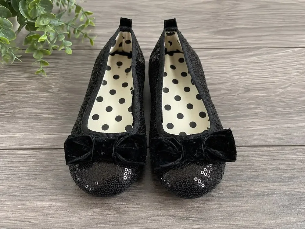 Kids Black Sequin Ballet Flats with Velvet Bow | Size 9.5